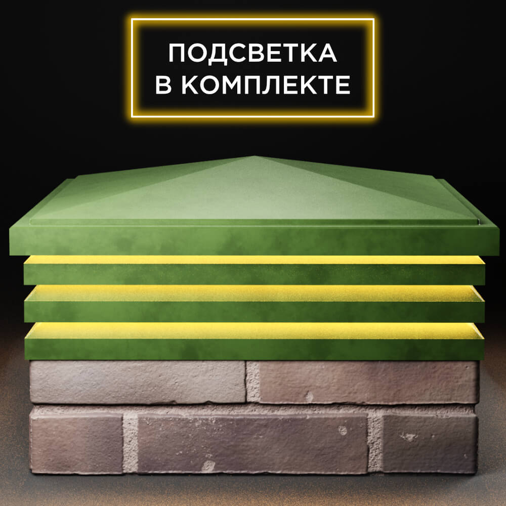 Колпак Zking Бона ХайТек Зеленый на столб 2х2 кирпича (513х513мм) с подсветкой Октябрьский фото